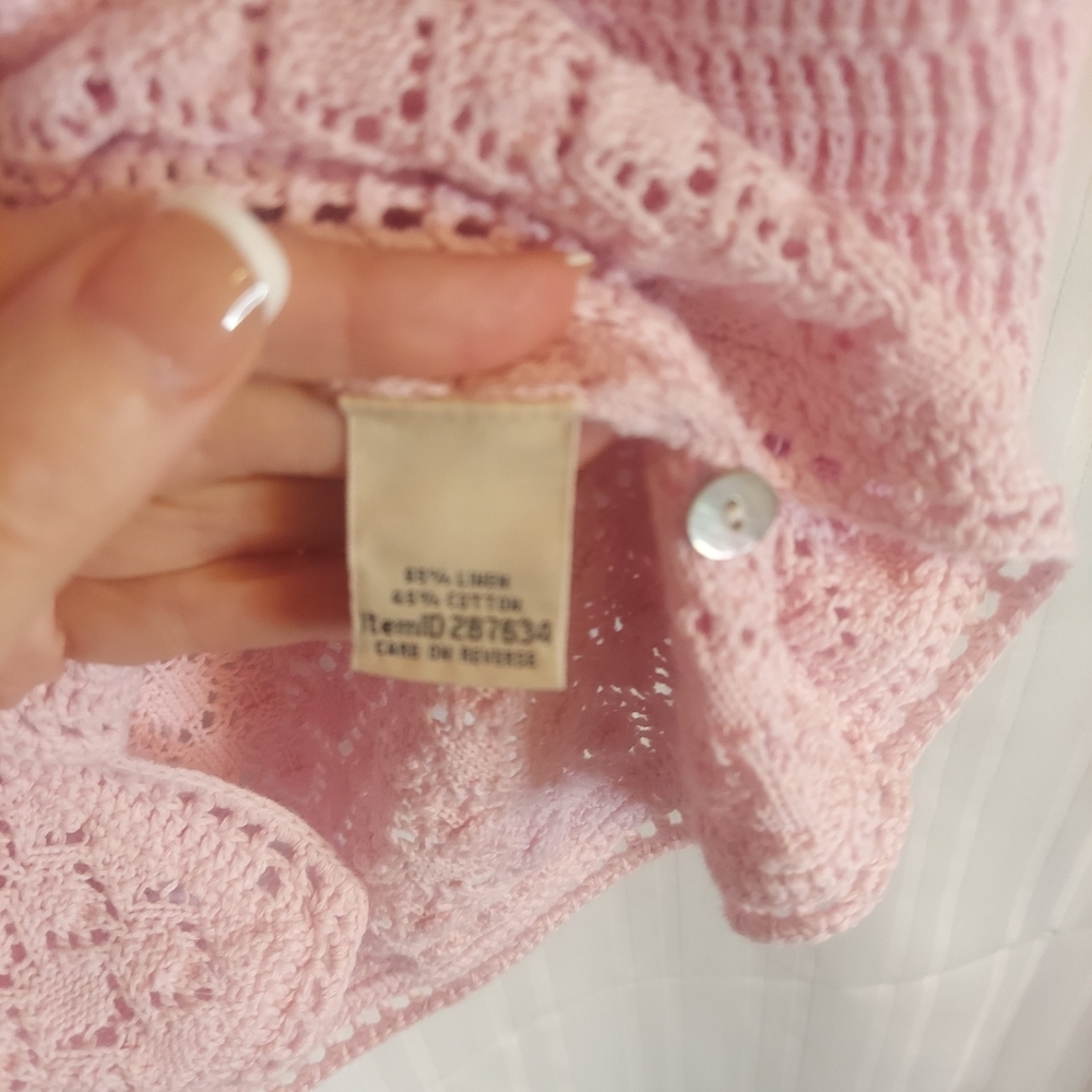 LL Bean Baby Pink Crochet 3/4 Sleeve Cardigan Linen/Cotton Size M EUC - Picture 5 of 6